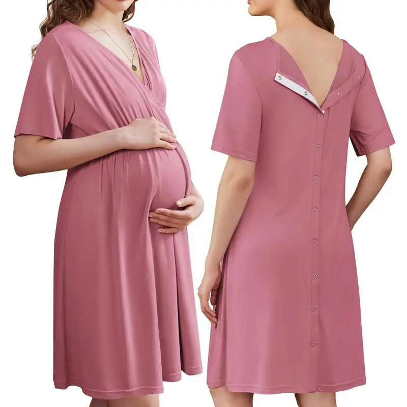 Stillkleid für Schwangere, Kurzarm, Weicher Stoff, V-Ausschnitt, Stillzugang und Einfacher Tragekomfort, Schwangerschafts- und Krankenhauskleid – Detail 11