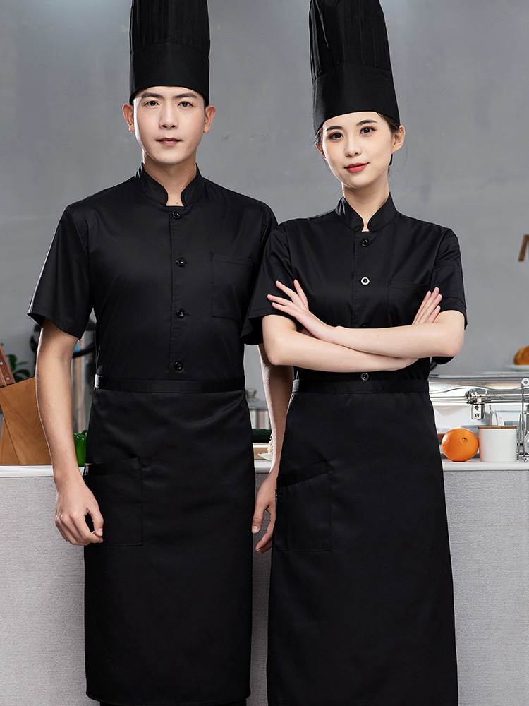 Ropa de trabajo de chef de algodón elástico para hombres de manga corta, estilo fino de verano, transpirable, ropa de cocina de hotel de alta gama después del comedor