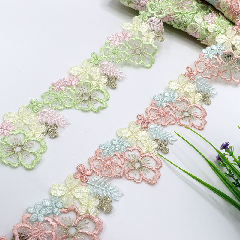 新品洛丽塔网红公主裙树叶花蕾丝粉红粉蓝浅黄金线四色刺绣花边