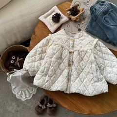 Korean thickened cotton jacket for girls 2025 late autumn and winter children's pastoral style and versatile diamond plaid floral thickened jacket