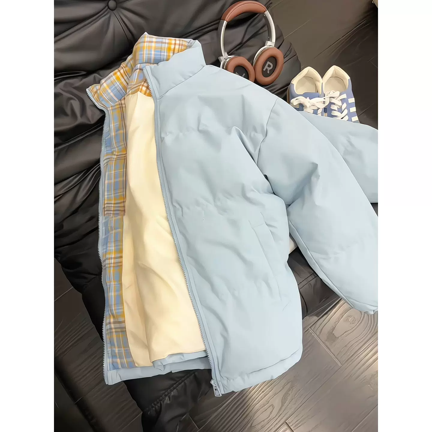 美式潮牌格子拼接棉服男2025冬季新款宽松潮流外套情侣立领面包服