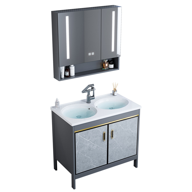 Lavabo doble integrado de cerámica de comercio exterior, lavabo de doble propósito, espacio de piso, armario de baño de aluminio, lavabo de baño, lavabo