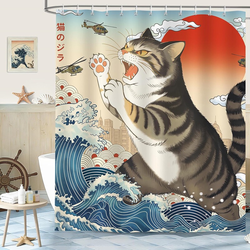 Cross-Border Shower Curtain, No-Drill Japanese Ukiyo-E Style, Giant Cat and Ocean Wave Design, Fun and Creative Bathroom Shower Curtain with 12 Hooks Cross-Border Shower Curtain, No-Drill Japanese Ukiyo-E Style, Giant Cat and Ocean Wave Design, Fun and Creative Bathroom Shower Curtain with 12 Hooks