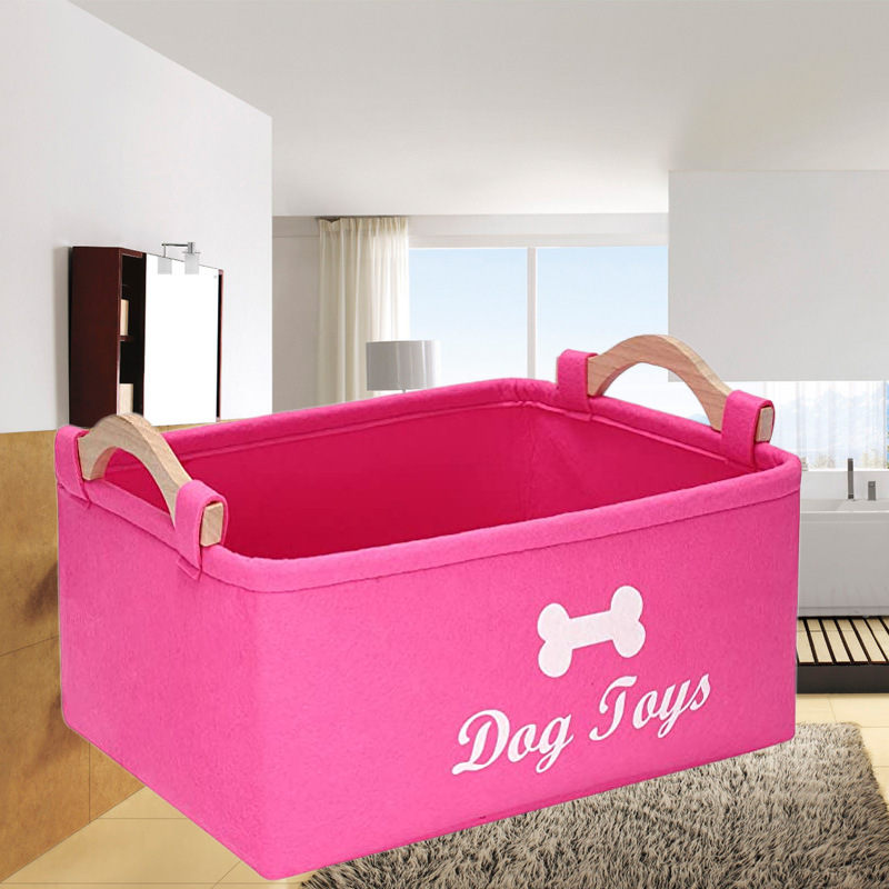 Caja de juguetes para mascotas de fieltro Caja de juguetes para perros Cesta de almacenamiento Bolsa de almacenamiento Mango de madera Caja de fieltro de juguete para mascotas