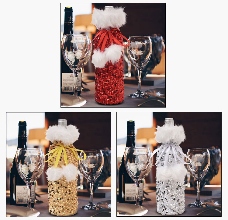 Cross-border New Arrival Christmas Decorations European And American Sequins Bottle Cover Plush Drawstring Wine Gift Box Hotel Dining Table Dress Up display picture 3