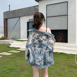 蕾丝网纱绣花牛仔拼接防晒衣女2026夏季新款超仙的破洞宽松防晒衫