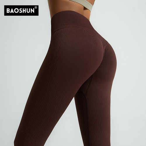 Sports Peach Butt Fitness Pants Beauty Hip Pants High-Waist Lift Hip Seamless Ribbed European and American Cross-Border Yoga Pants Leggings