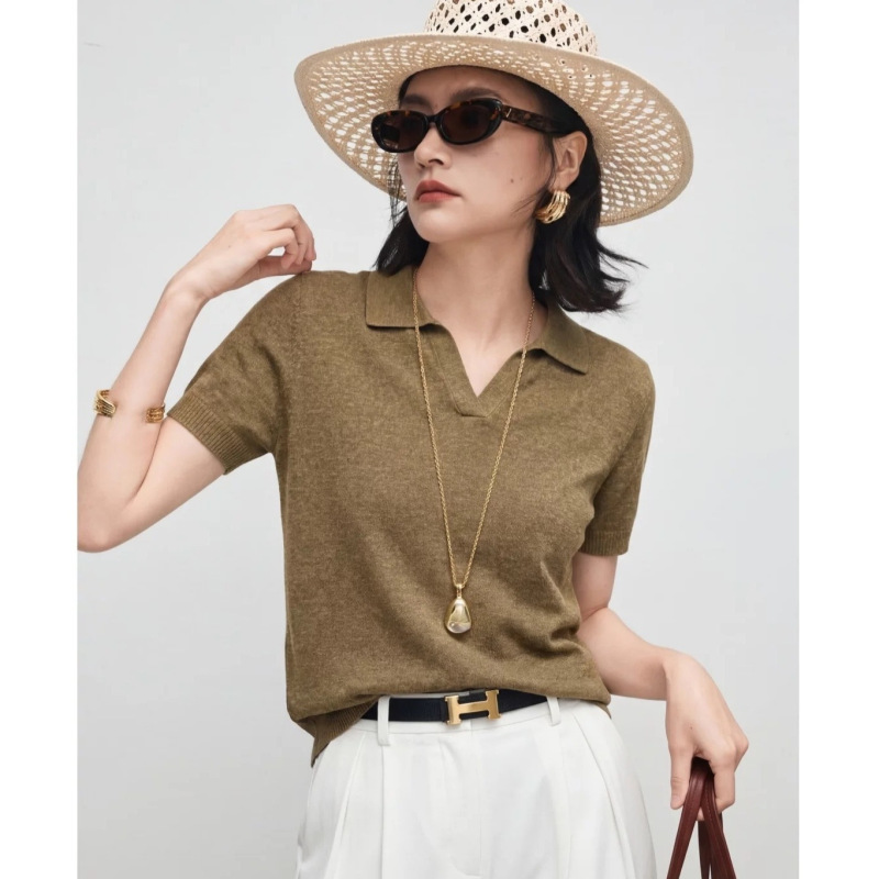 French-Style Old Money Style Polo Shirt, Knitted Short-Sleeve Women's Summer High-End Casual Versatile T-Shirt, Ice Silk Top