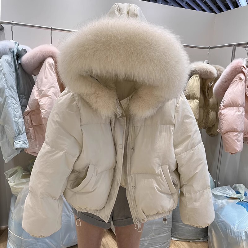 Fox Fur Collar White Duck down Short down Jacket for Women 2026 Winter Fashion Thickened Warm Coat for Petite Figures Trendy