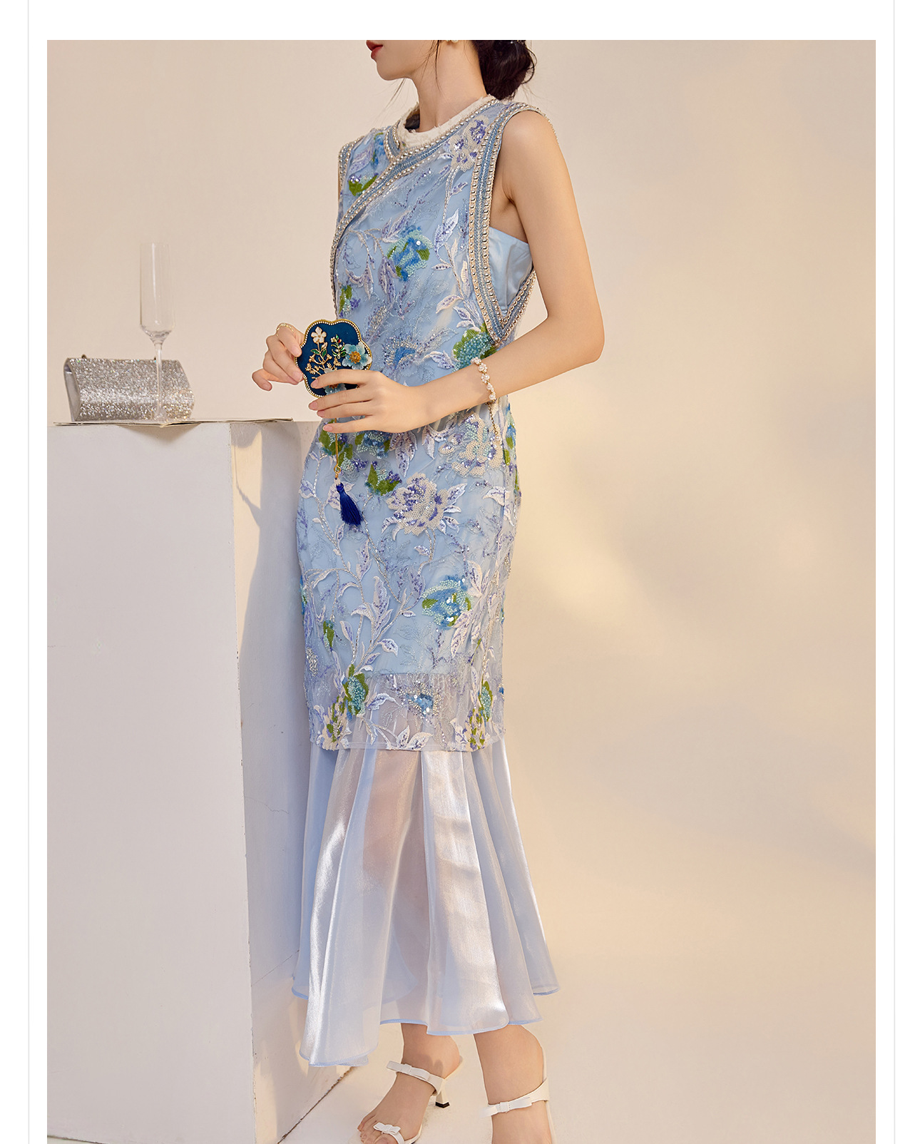 Váy sườn xám maxi thêu sequin phong cách Trung Quốc mới mùa hè N5042 — hồng, Xanh lam sông băng chi tiết 10