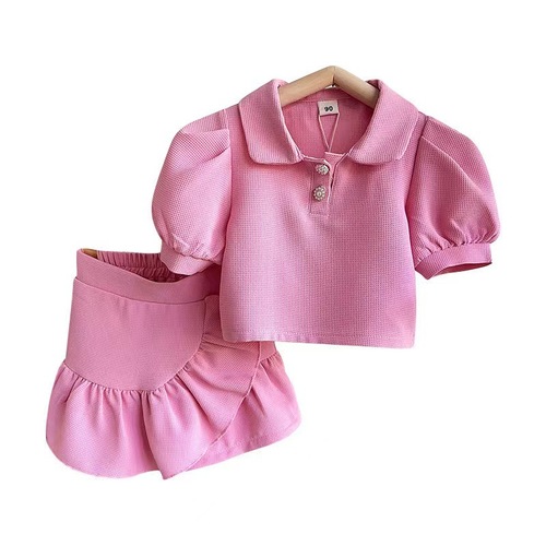 Children's Summer New Set Puff Sleeve Toddler Top Cute Fashion Collar Girl Short Sleeve Short Skirt Two-Piece Set