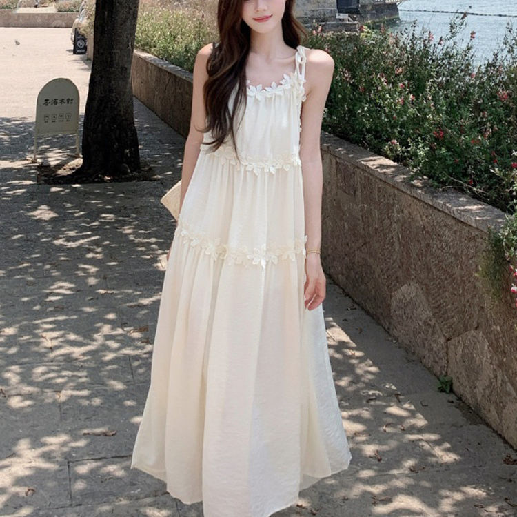 White Suspender Dress for Women, New Summer Style, Bohemian Xinjiang Travel, Beautiful Seaside Vacation Beach Long Dress