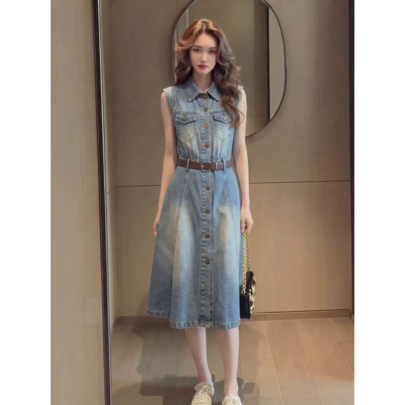 Retro Hong Kong Style Casual Sleeveless Denim Dress for Women Summer 2026 New Fashion Loose Slimming Look Mid-Length Skirt
