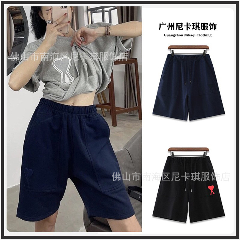 Foreign Trade Shorts, Five-Point Pants for Men and Women, New Summer Style, Loose Embroidered Heart Straight-Leg Pants