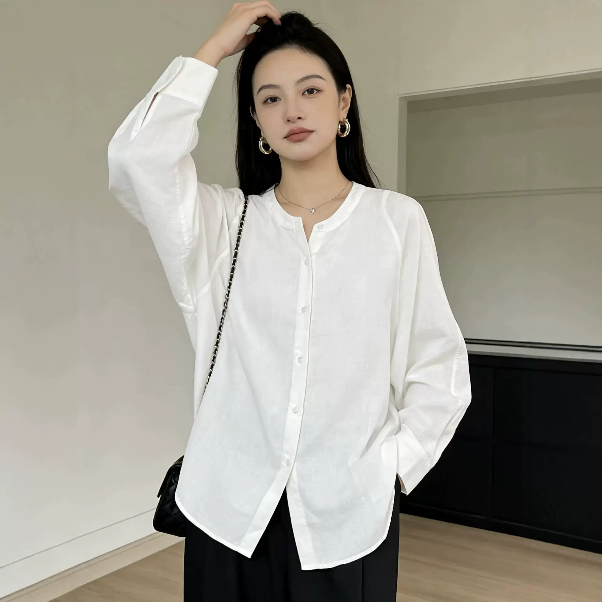 大码宽松女装微胖妹妹mm春装莱赛尔亚麻正肩衬衫BF风百搭衬衣女