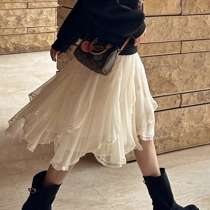 Юбка средней длины с рюшами Jianmubai, простая рабочая одежда в корейском стиле, новая летняя белая юбка средней длины 2025 года