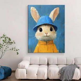 Cute Rabbit Pure Hand-Painted Oil Painting Cartoon Animal Kidsren's Room Decoration Painting Living Room Hanging Painting Entrance Frameless Texture Painting