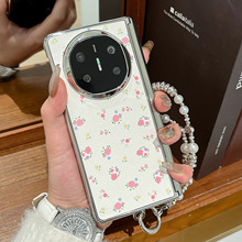 适用华为matex6手机壳电镀皮纹白底红花matex5折叠屏双中轴保护套