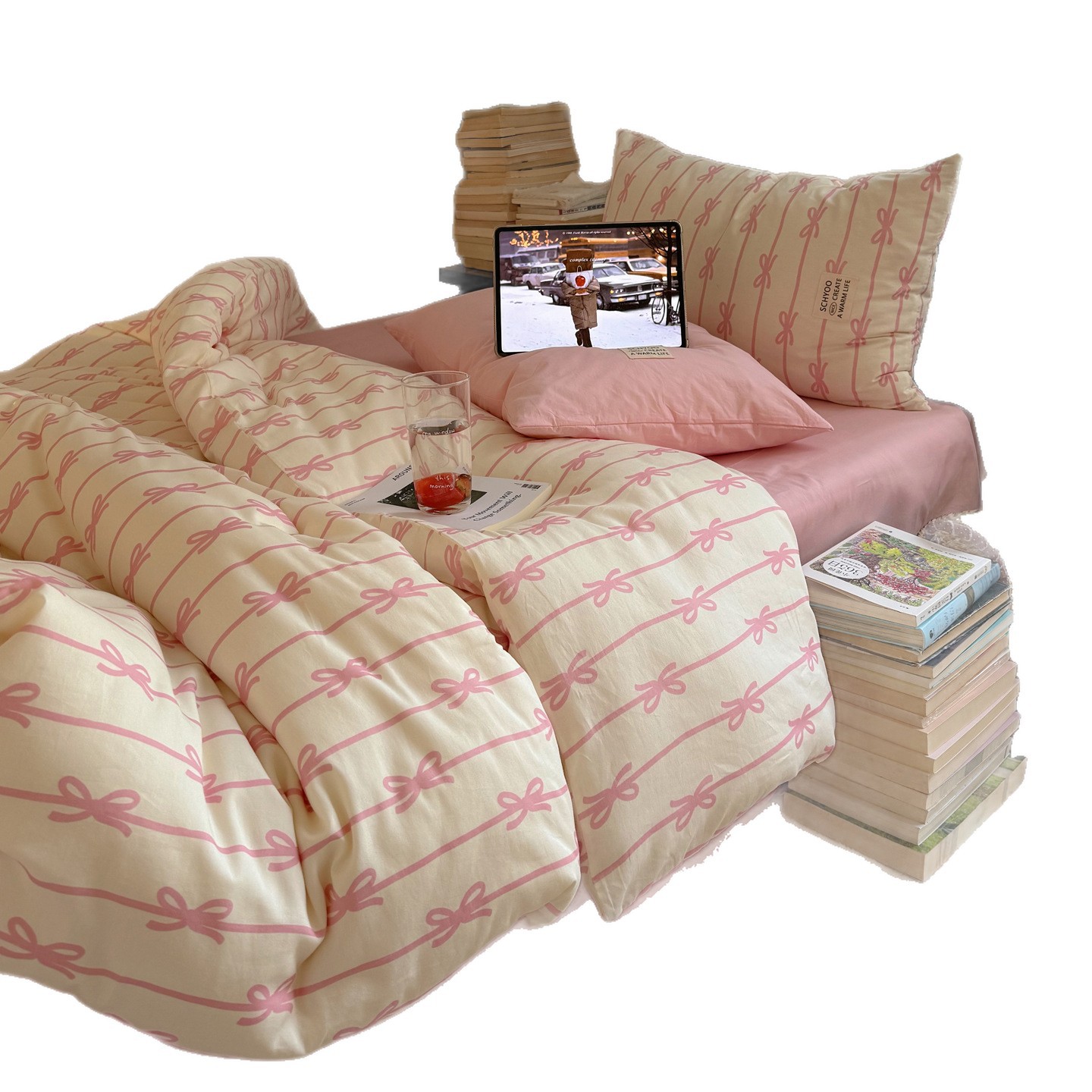 Todo algodón INS blogger estilo coreano arco de algodón cuatro piezas en casa dormitorio cama de tres piezas cubierta de edredón de piel