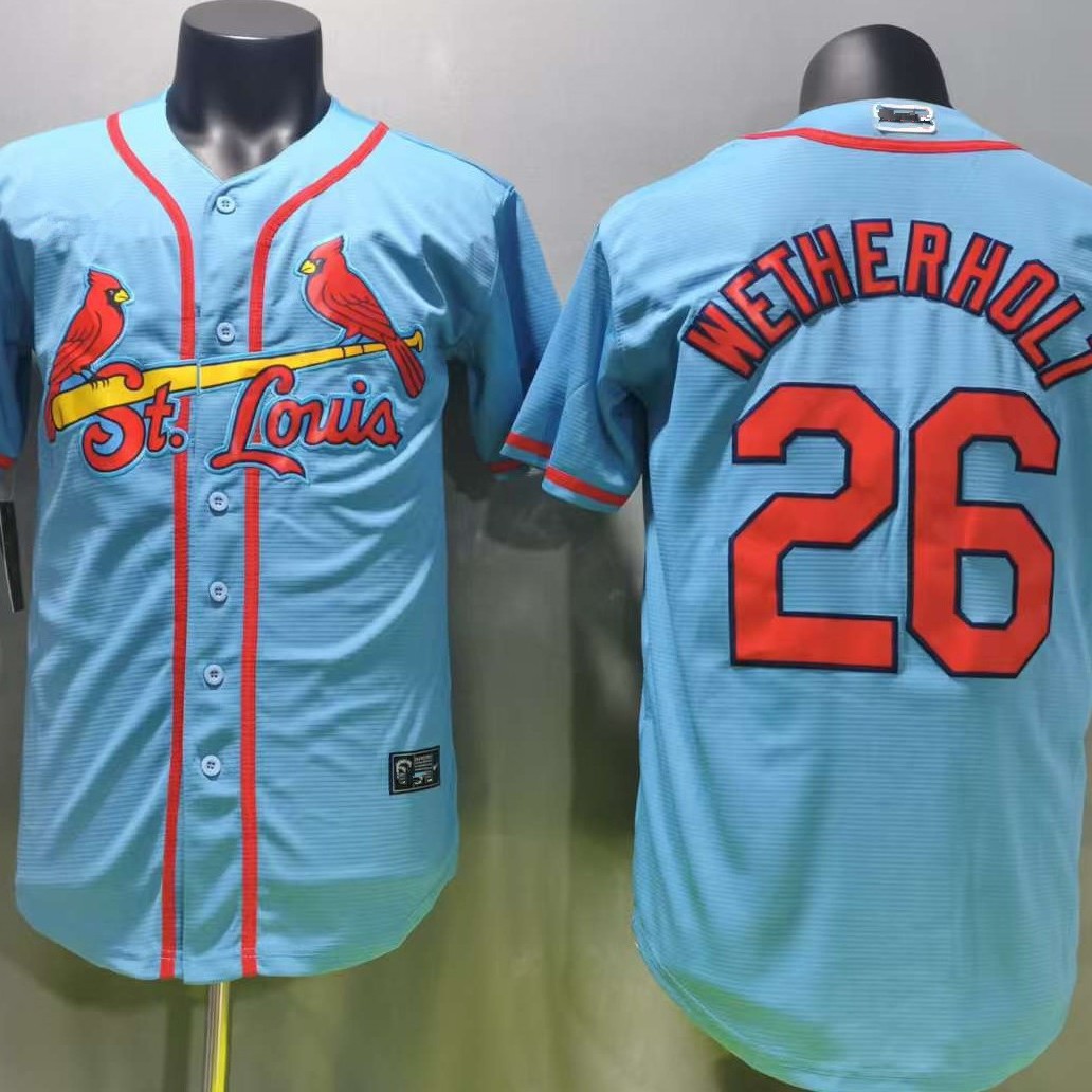 Cross-border baseball jersey, foreign trade short-sleeve jersey, embroidered Cardinals team number 26, light blue WETHERHOLT, one-piece drop shipping