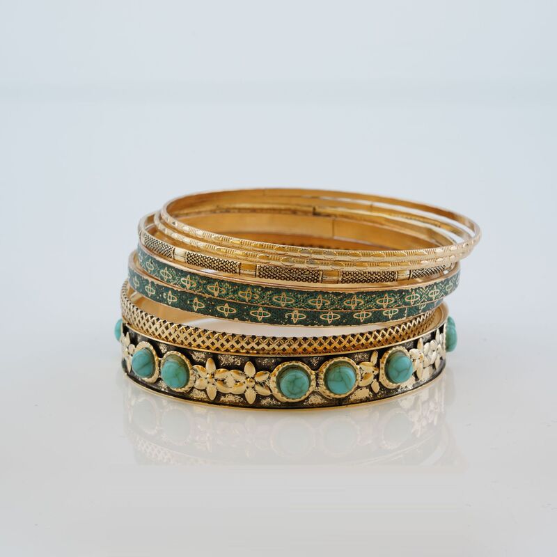 Vintage Turquoise Gold Bracelet Set of 7 with Floral and Woven Patterns, Multi-Patterned Bracelets in European and American Style, Metal Bracelets