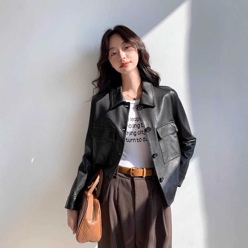Haining New 2026 Spring and Autumn Trendy Casual Sheepskin Leather Jacket Genuine Leather Short Coat for Women