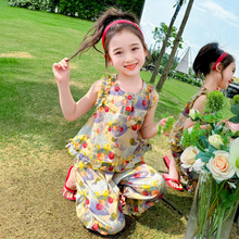 女孩韩版蓝莓背心套装2024夏季新款女宝甜美洋气上衣阔腿裤两件套