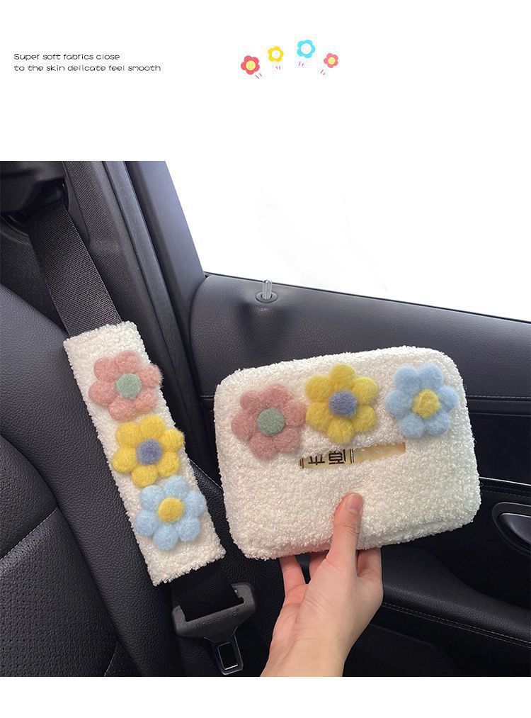 Seat Belt Shoulder Protector Cartoon Cute Tissue Box Pair Car Protective Cover Small Flower Decorative Supplies Car Interior