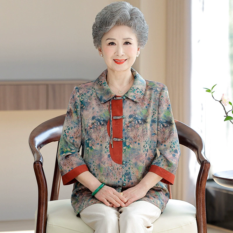 Бабушка летнее платье высокого класса мама летнее платье большого размера топ пожилая женщина лацкана старушка семиконечный рукав иностранная рубашка