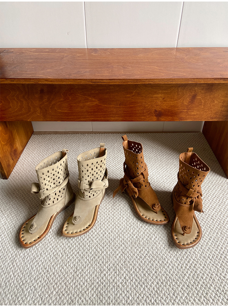 Boot cổ thấp da phong cách La Mã quai buộc xỏ ngón hở mũi — Màu caramel, màu kaki chi tiết 19