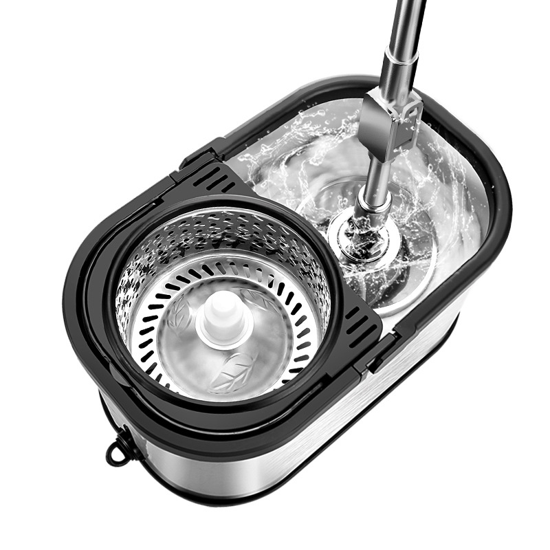 Fregona giratoria de doble uso (húmedo/seco) con cubo redondo, sistema manos libres, diseño para limpieza doméstica eficiente