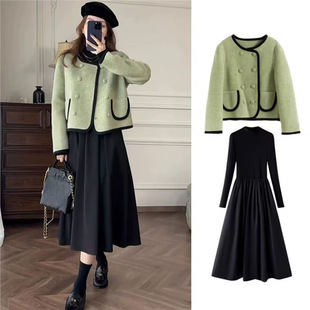 Plus Size Fat mm Women's Autumn and Winter Tweed Style Double-Breasted Green Woolen Outwear and Dress Two-Piece Suit 100kg