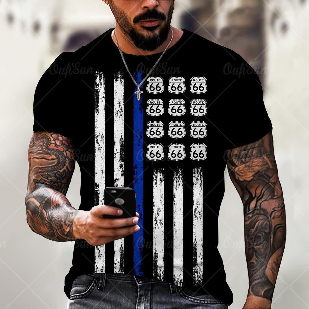 Cross-border Amazon hombres camisa de cuello redondo retro manga corta estilo europeo y americano impreso N ° 66 carretera carta camiseta