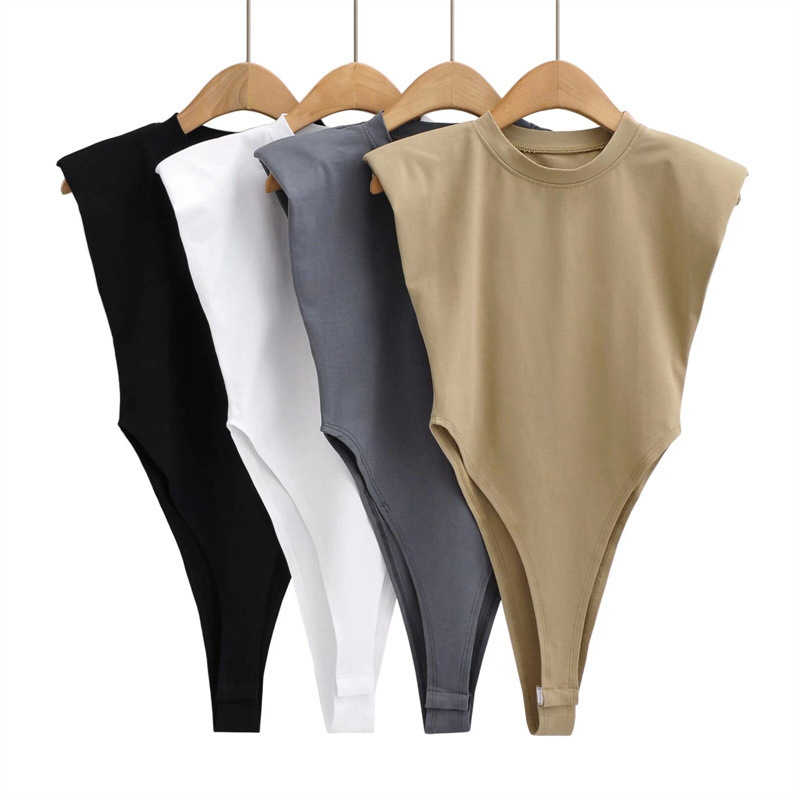 Elegant sleeveless one-piece top with shoulder pads for women, summer waist-cinching, stylish and sexy base top
