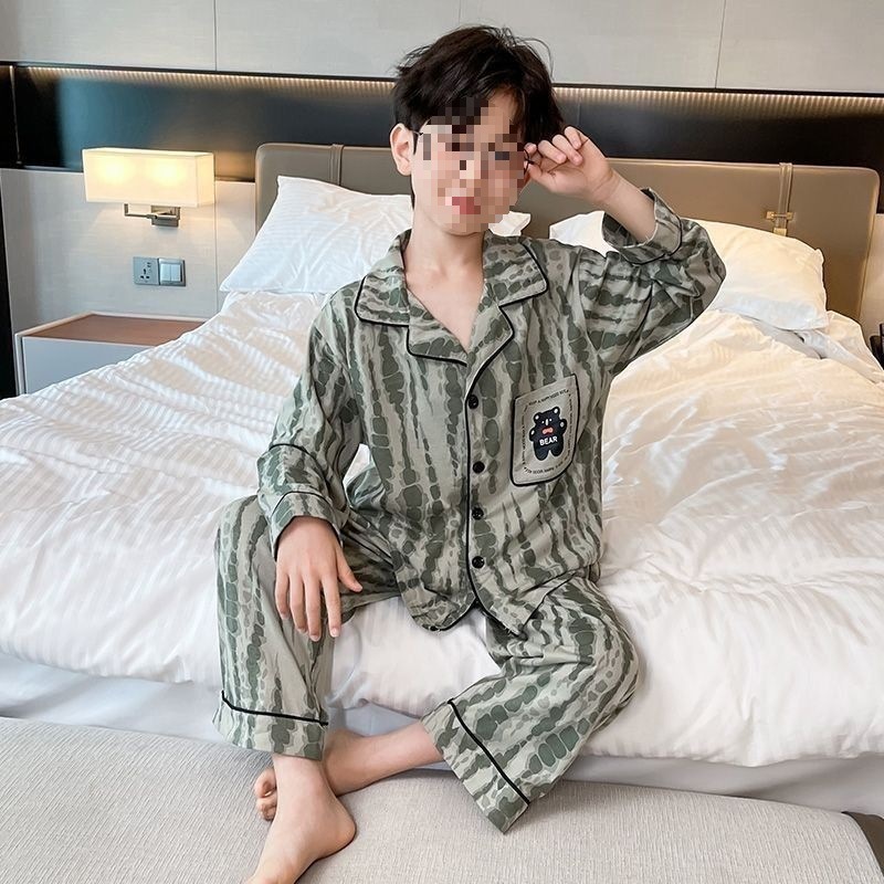 Primavera y otoño 2025 nuevo pijama de niño Cardigan manga larga primavera y otoño juvenil ropa de hogar set de algodón nublado