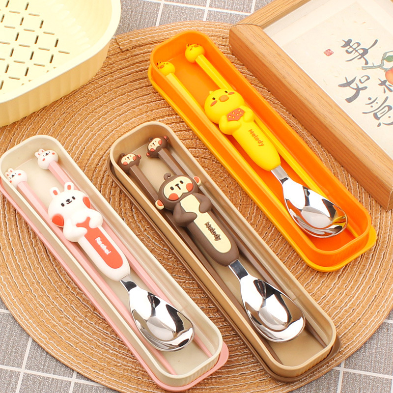 Student Spoon and Chopstick Set 304 Stainless Steel Chopsticks Spoon Portable Tableware Travel Tableware Three-Piece Set Ready for Sale