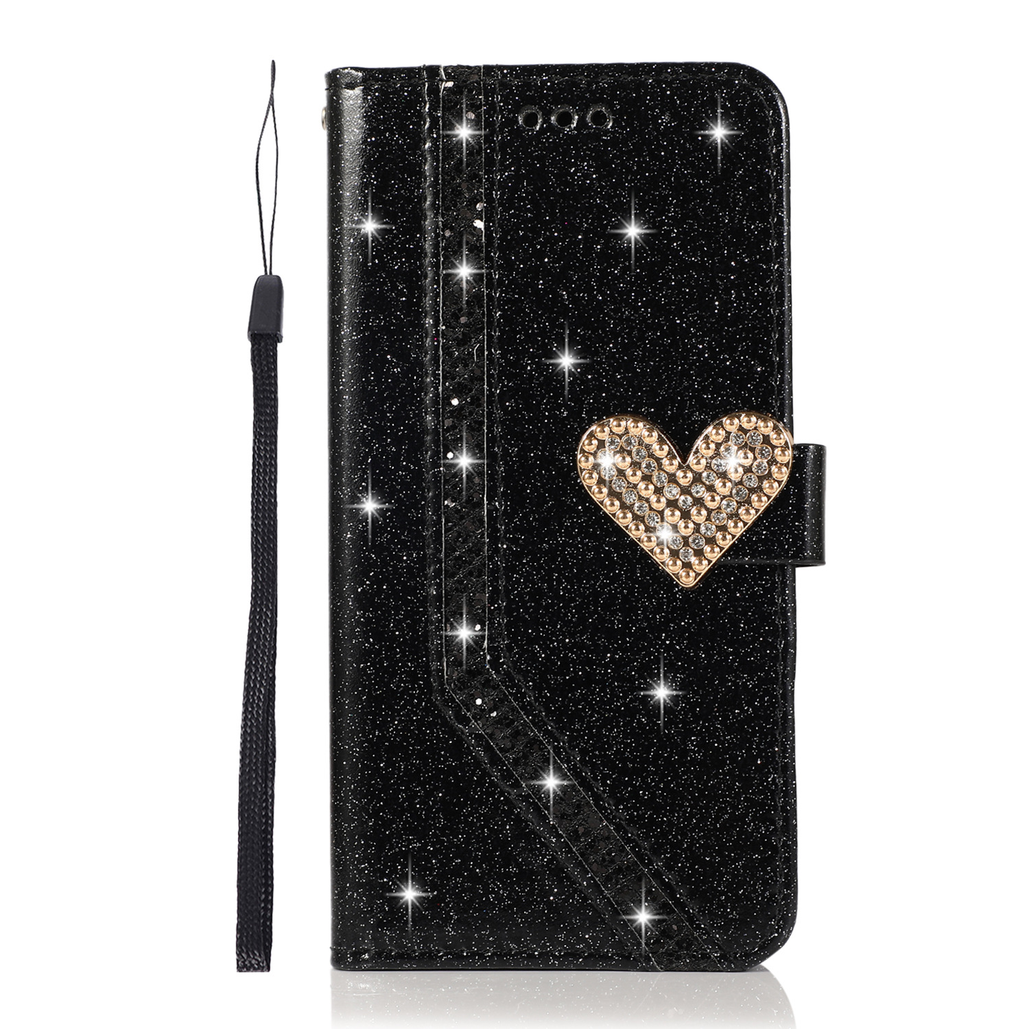 Suitable for iPhone 15 PROMAX Diamond Heart Cap Apple 14 Flash Pink Wallet Card Flip Cover Leather Case_voghion.com