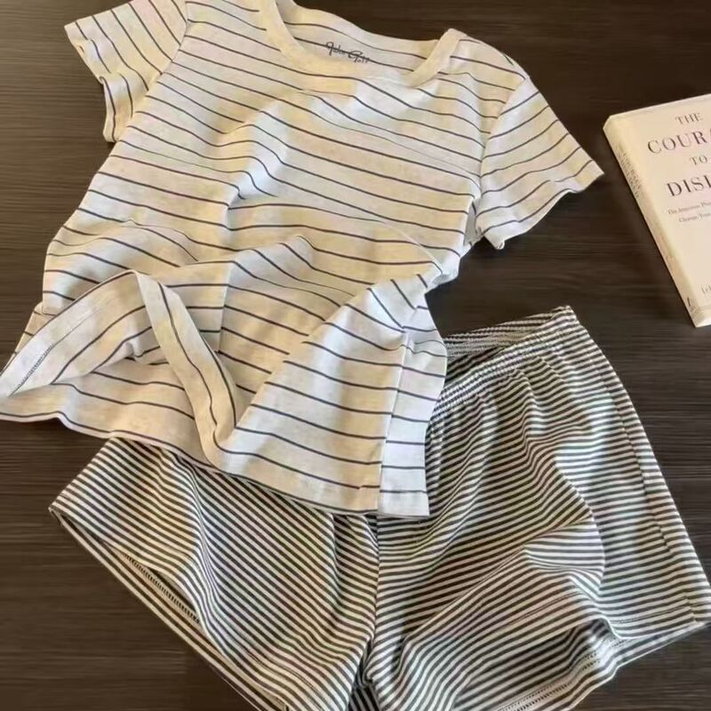 Cross-Border Korean-Style Striped Pajamas for Women, Summer 2026 New Short-Sleeve High-End Home Wear Set for Girls, Can Be Worn Outside Cross-Border Korean-Style Striped Pajamas for Women, Summer 2026 New Short-Sleeve High-End Home Wear Set for Girls, Can Be Worn Outside