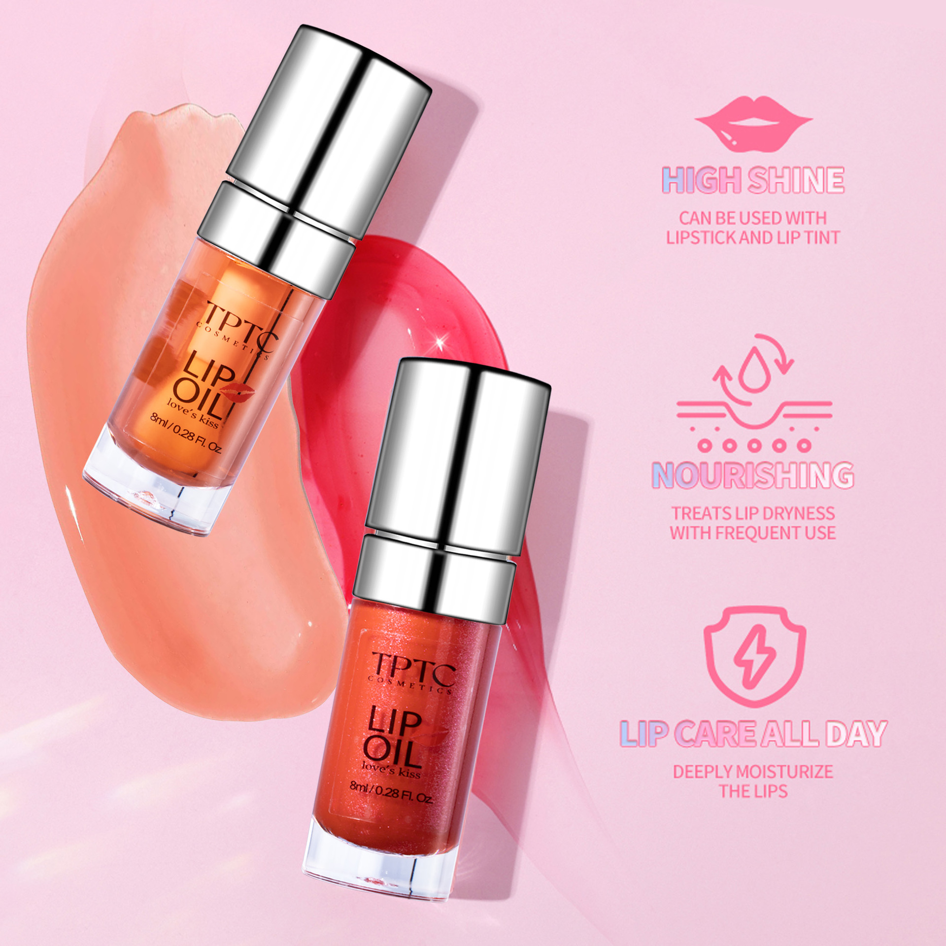 TPTC 5-color Cross-border Lip Enhancement Lip Gloss Moisturizing and Nourishing Lip Oil Glass Dudu Lip Gloss Non-stick Rim Red Lip Gloss Application Scenario