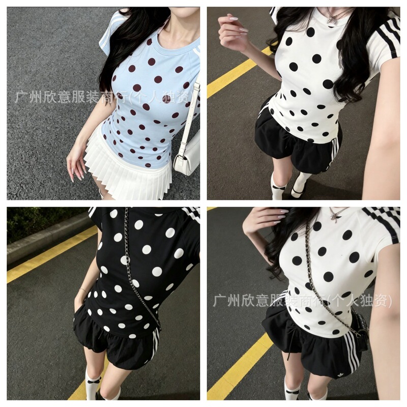 San Ye 26 Summer New Polka Dot Short Sleeve Top for Women, Embroidered Slim Fit Round Neck T-Shirt, Korean Style Top with a Chic Look