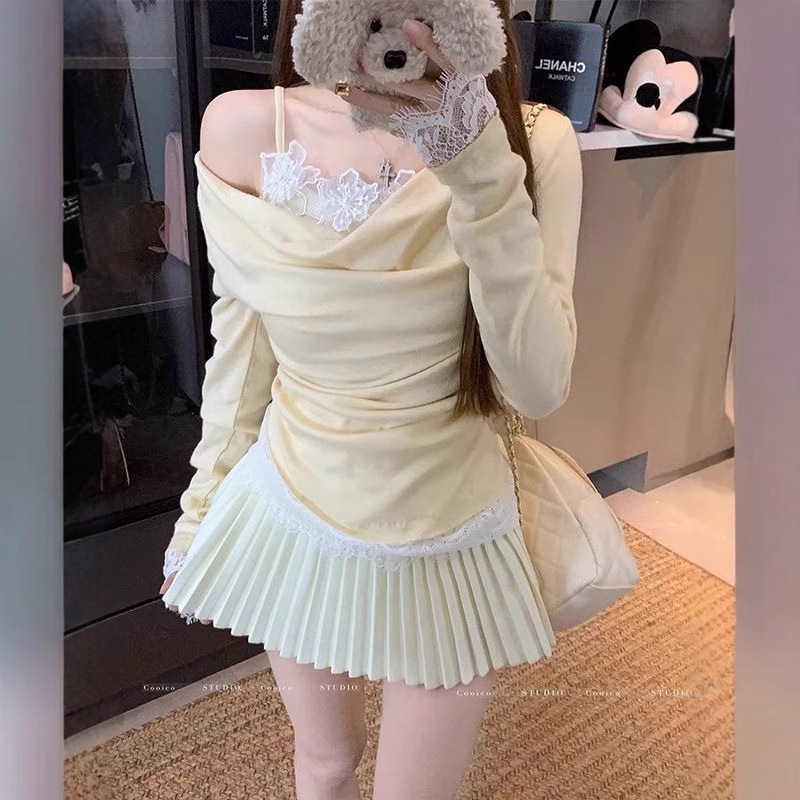 Pure Desire Hot Girl ワンショルダーランジートップ女性の秋と冬の小さな香りの偽ツーピースレースボトムインナー長袖Tシャツ|undefined