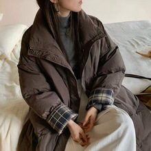 女装羽绒服时尚格子撞色立领中长款白鸭绒2025新款减龄冬季保暖潮