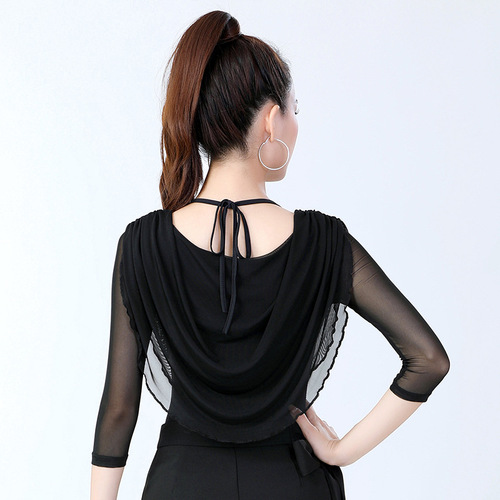 Modern dance practice clothes for women Latin three-quarter sleeve mesh tops new Latin dance dance shirts square dance clothes