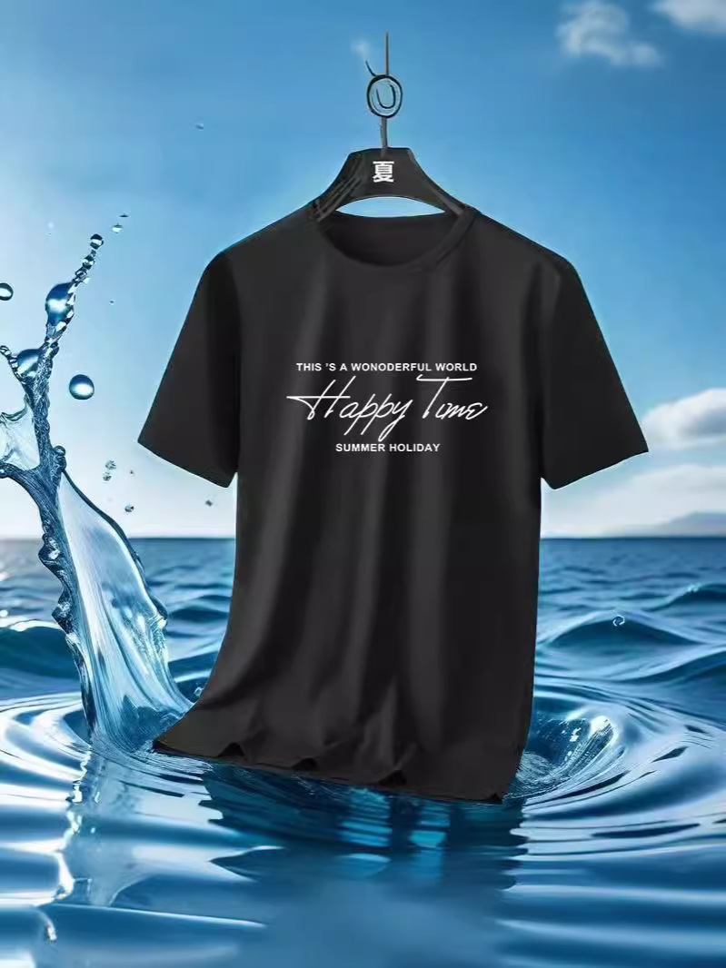 2025 Summer Mesh Ice Silk T-Shirt Versatile Printed Slim Thin Round Neck Quick-Drying Short-Sleeve T-Shirt Men's Sports Style