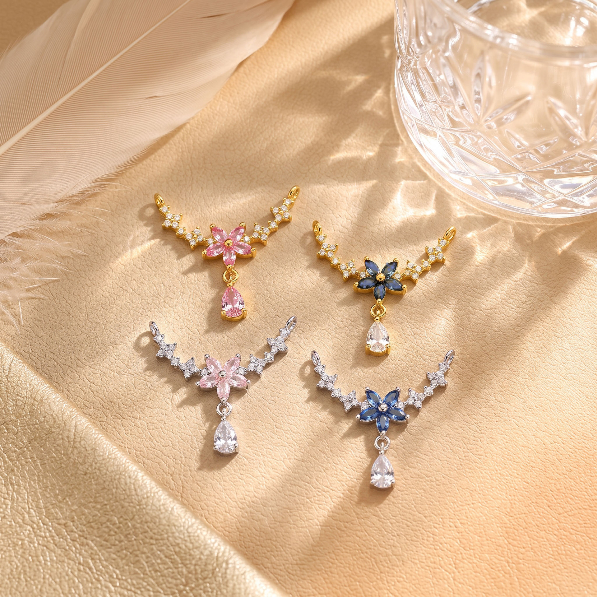 Copper pendant with zircon flower design, teardrop-shaped, can be worn as a necklace chain accessory, available in multiple colors, fashionable jewelry wholesale