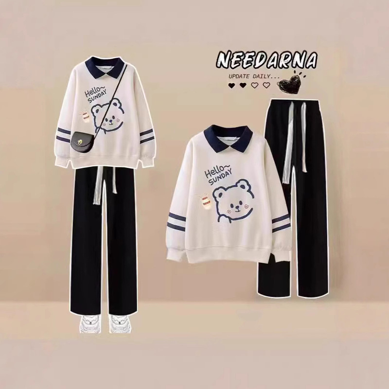 Girls' Polo Collar Sweatshirt Set, Spring and Autumn Style, Student Girl Cartoon Bear Two-Piece Set, Casual Long-Sleeved Shirt, Trendy Girls' Polo Collar Sweatshirt Set, Spring and Autumn Style, Student Girl Cartoon Bear Two-Piece Set, Casual Long-Sleeved Shirt, Trendy