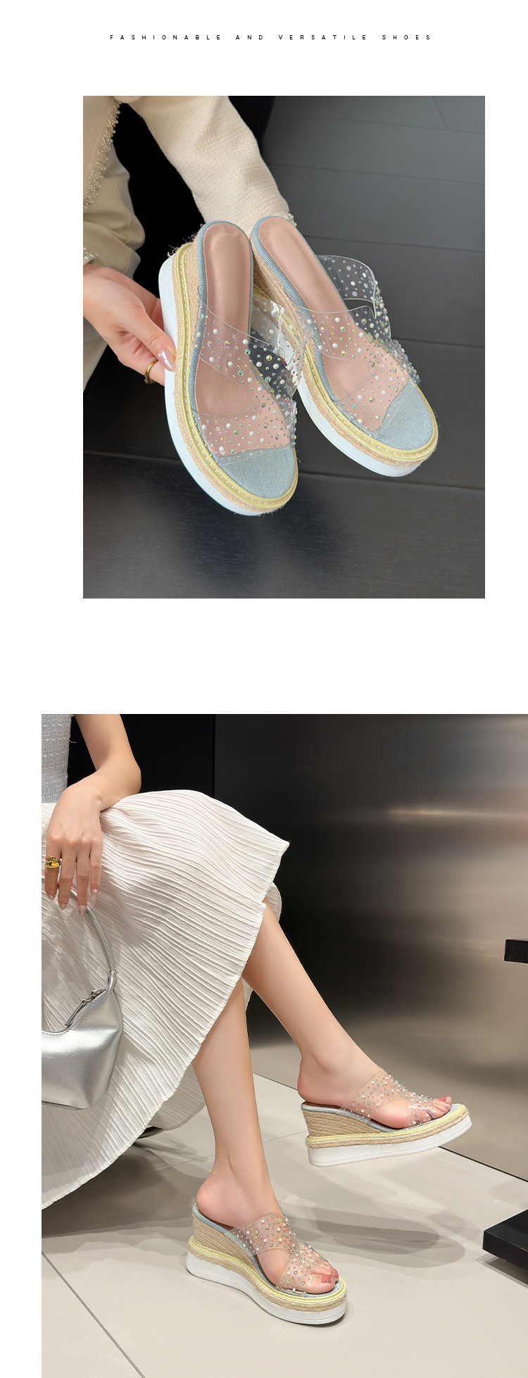 Sandal cao gót nữ đế xuồng trong suốt đính đá gót 9 cm — màu trắng chi tiết 5