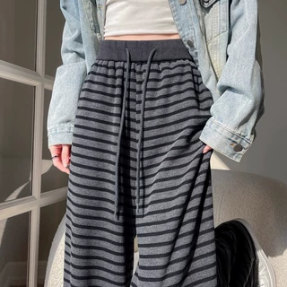 复古条纹阔腿裤女秋2026抽绳松紧高腰显瘦慵懒垂坠感休闲拖地长裤