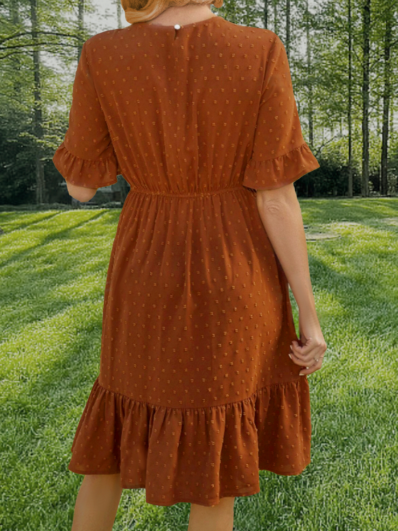 Spring Summer Women Lace Stitching Solid Color round Neck Ruffle Sleeve Dress