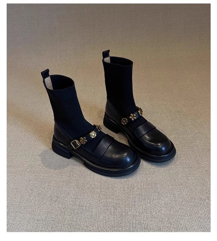 Stivaletti in maglia elasticizzata con tacco grosso – Stivaletti retrò da infilare con cinturino con fibbia e plateau spesso per donna_voghion.com